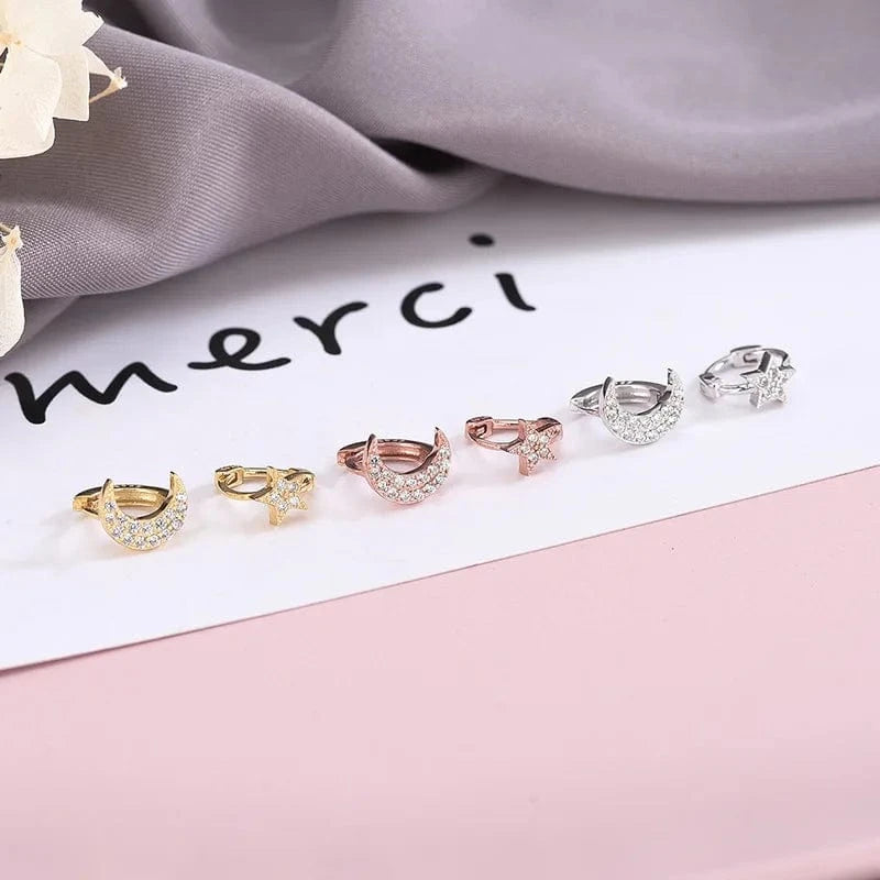 fashion jewelry 925 sterling silver statement earrings asymmetrical moon star zircon gold plated hoop earrings women
