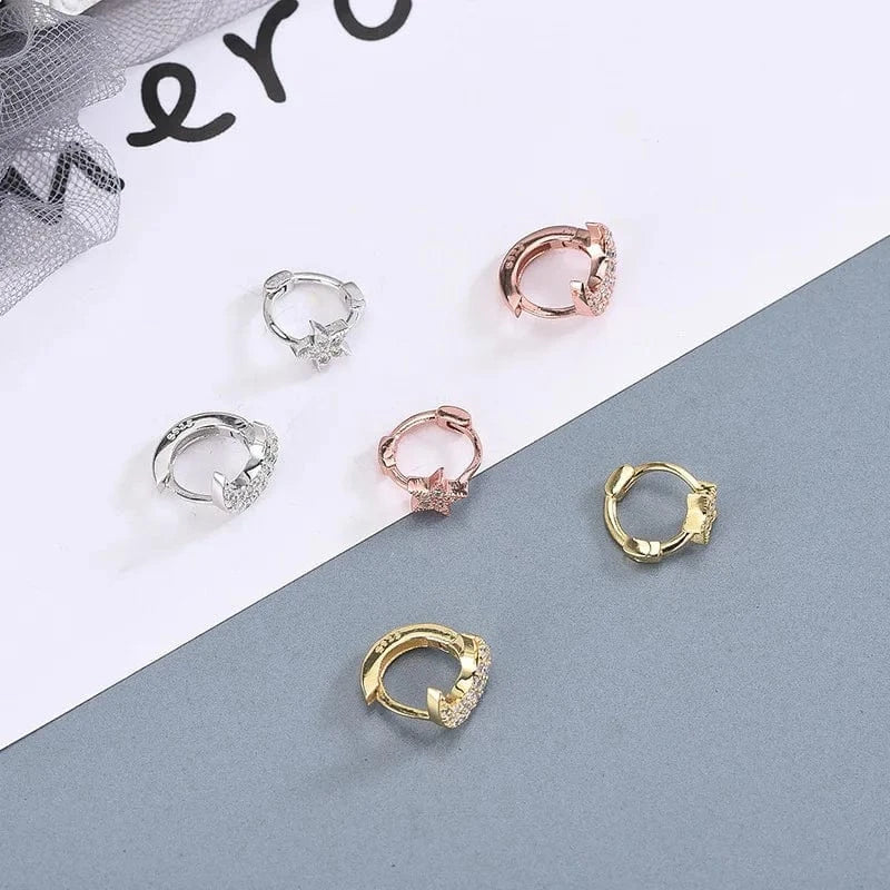 fashion jewelry 925 sterling silver statement earrings asymmetrical moon star zircon gold plated hoop earrings women