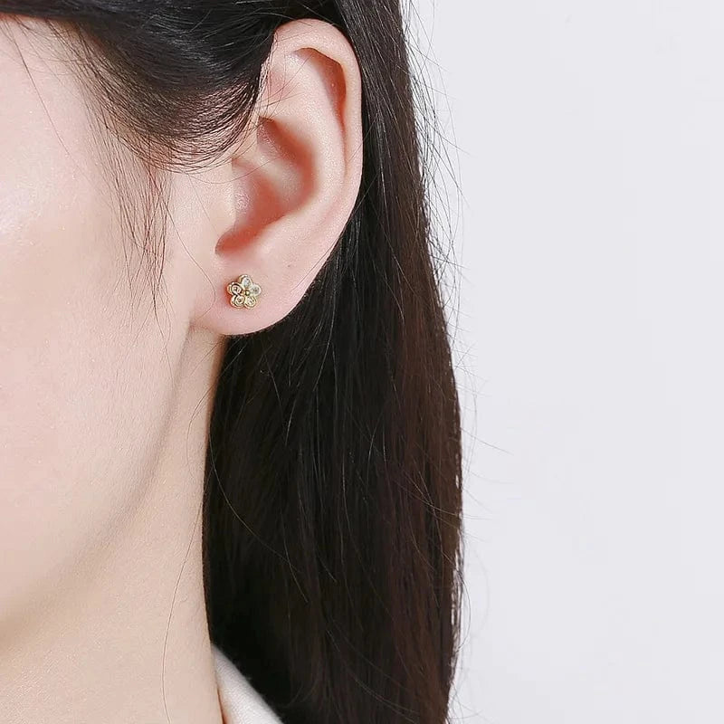 fashion jewelry 925 sterling silver threaded earring flower five petals zircon gold plated stud earrings for women