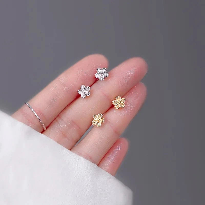fashion jewelry 925 sterling silver threaded earring flower five petals zircon gold plated stud earrings for women