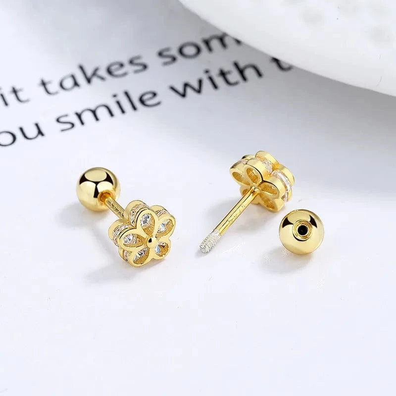 fashion jewelry 925 sterling silver threaded earring flower five petals zircon gold plated stud earrings for women