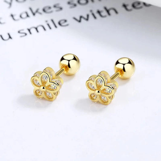 fashion jewelry 925 sterling silver threaded earring flower five petals zircon gold plated stud earrings for women