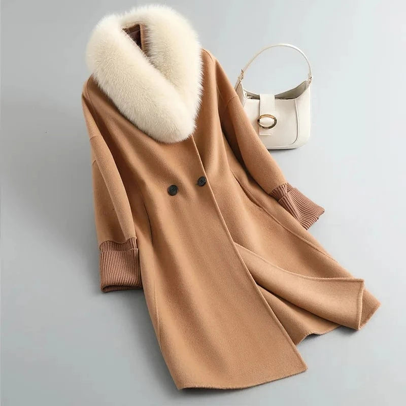 Fashion Knit Stretch Cuffs Genuine Cashmere Coat Ladies Wool Coat With Fox Fur Collar