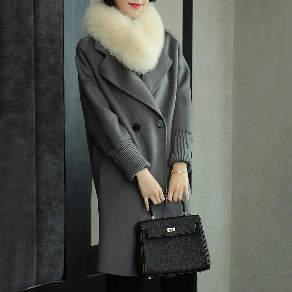 Fashion Knit Stretch Cuffs Genuine Cashmere Coat Ladies Wool Coat With Fox Fur Collar