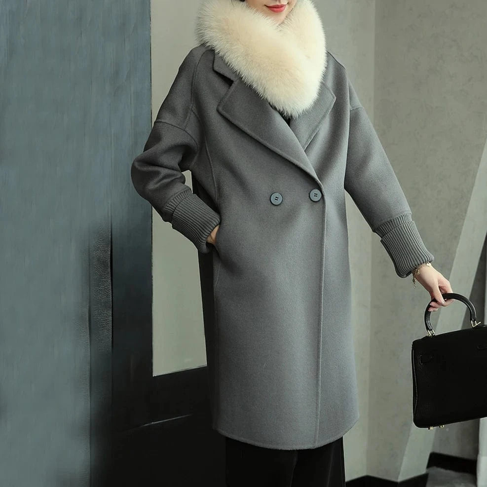 Fashion Knit Stretch Cuffs Genuine Cashmere Coat Ladies Wool Coat With Fox Fur Collar