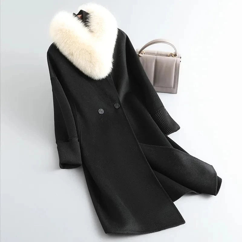 Fashion Knit Stretch Cuffs Genuine Cashmere Coat Ladies Wool Coat With Fox Fur Collar