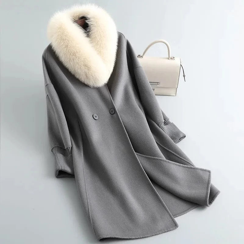 Fashion Knit Stretch Cuffs Genuine Cashmere Coat Ladies Wool Coat With Fox Fur Collar