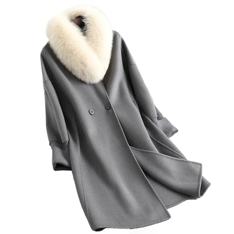Fashion Knit Stretch Cuffs Genuine Cashmere Coat Ladies Wool Coat With Fox Fur Collar