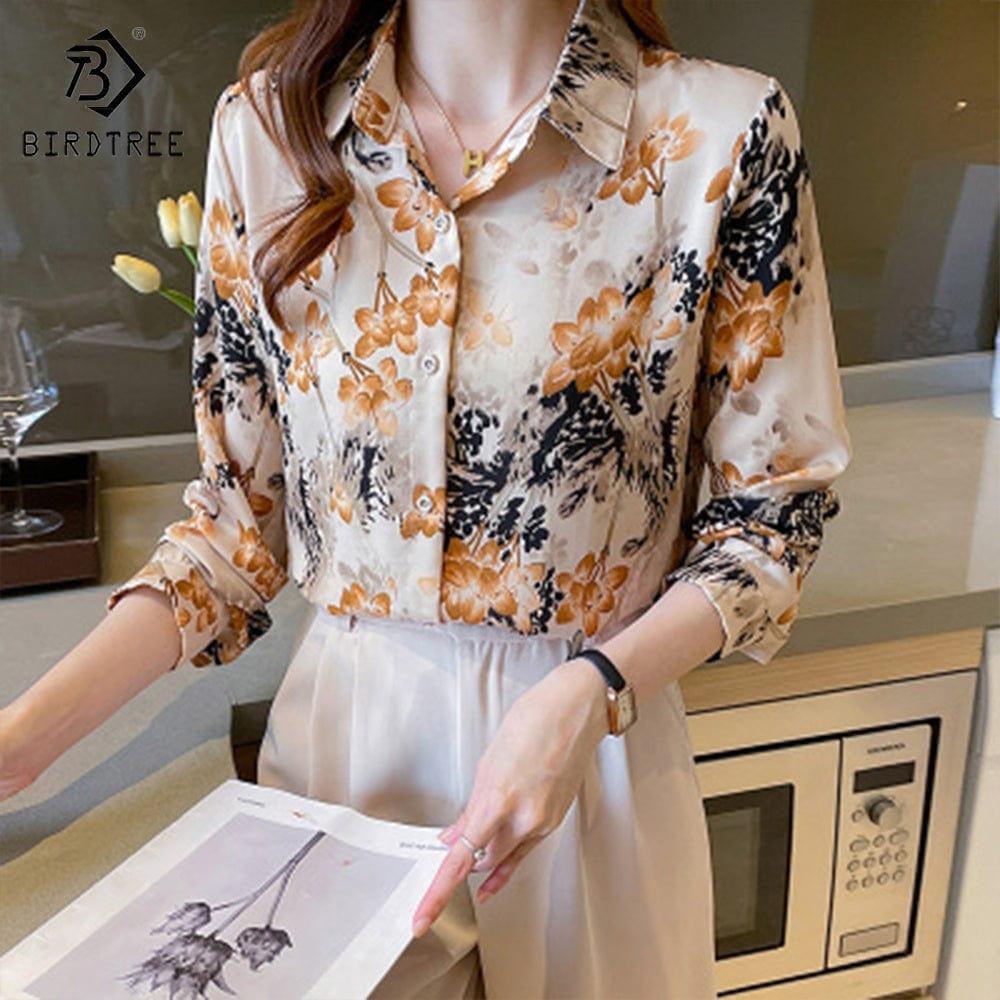 Fashion Ladies Long Sleeve Floral Printing Shirts Elegant Casual Blouses Office Chiffon Shirt Tops For Spring Autumn