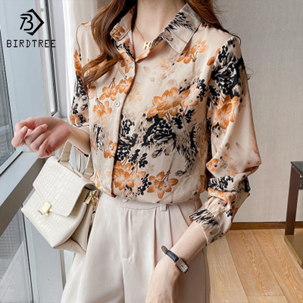 Fashion Ladies Long Sleeve Floral Printing Shirts Elegant Casual Blouses Office Chiffon Shirt Tops For Spring Autumn