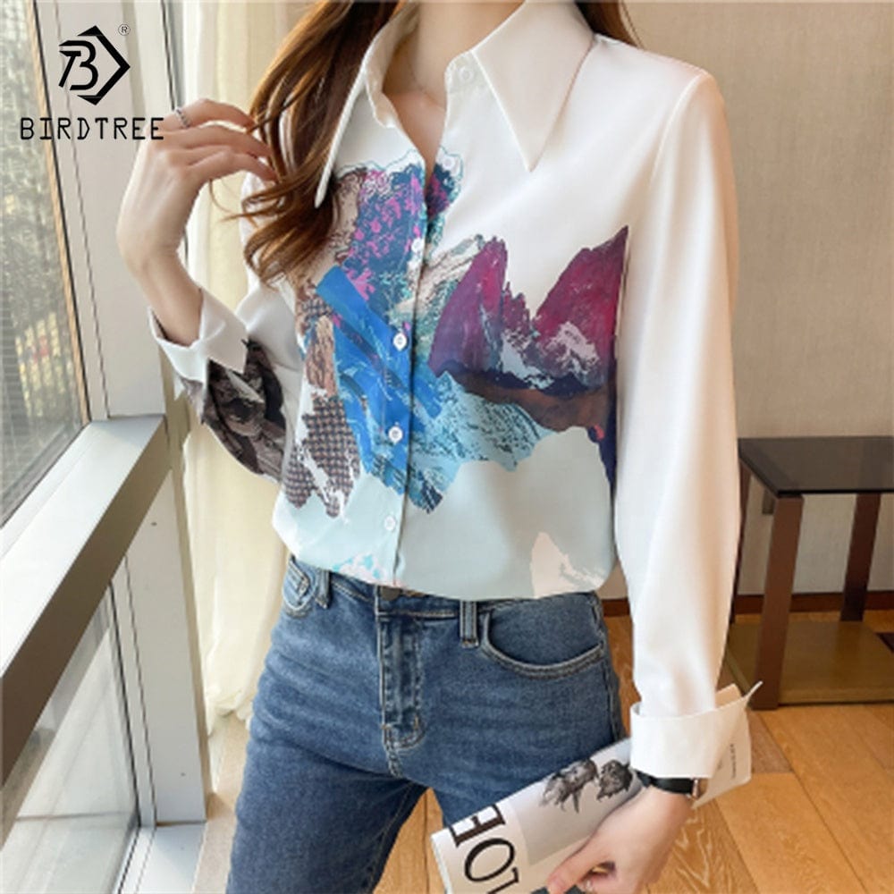 Fashion Ladies Long Sleeve Graffiti Printed Shirts Elegant Casual Loose Blouses Chiffon Shirt Tops For Spring Autumn
