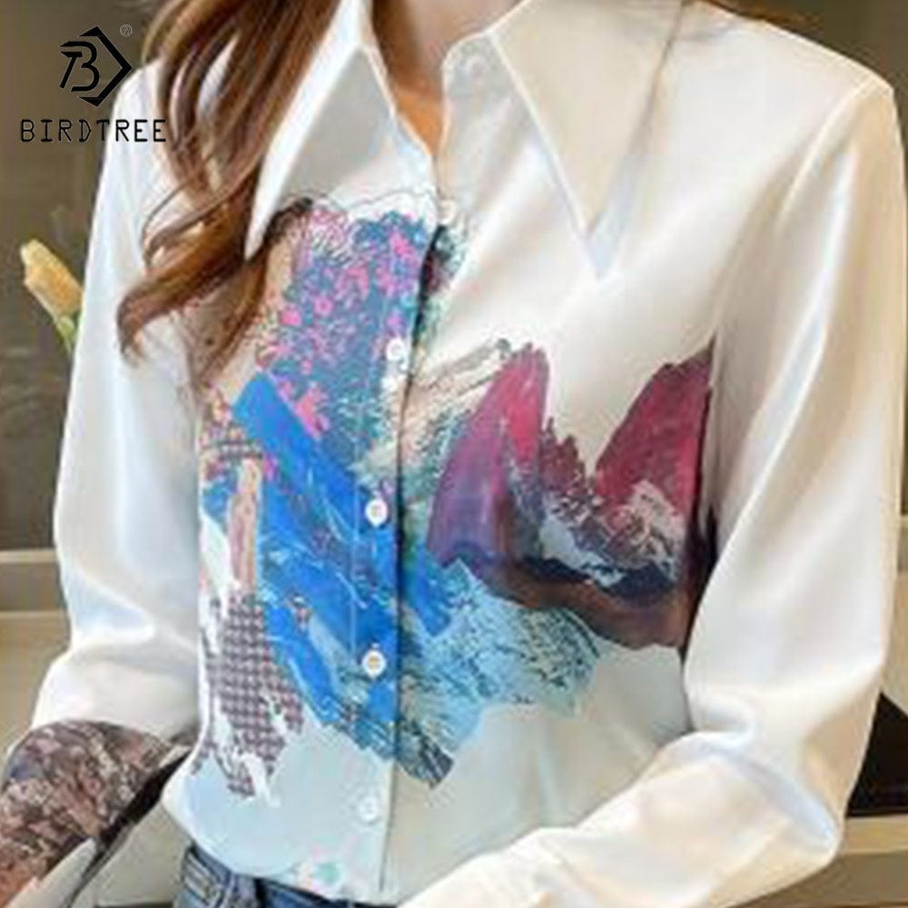 Fashion Ladies Long Sleeve Graffiti Printed Shirts Elegant Casual Loose Blouses Chiffon Shirt Tops For Spring Autumn