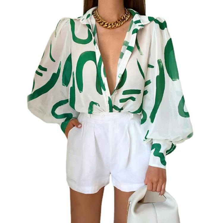 Fashion Lapel Single-breasted Loose Blouse Autumn Tulle Long Lantern Sleeve Shirts Women Elegant Print Tops Blouse