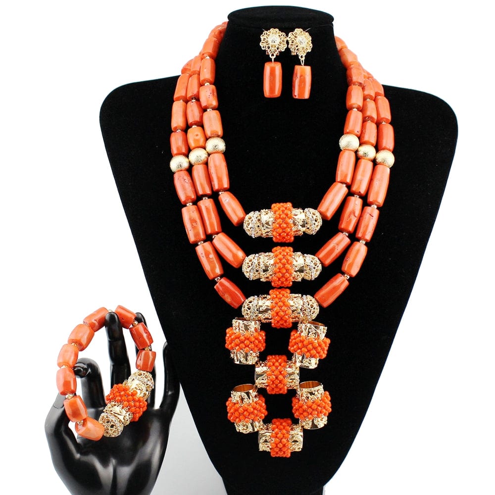 Fashion latest coral beads jewelry set / No ring / 11 Natural coral beads gold plated high quality fashion latest wedding  party gift bridal hot sale wholesale factory jewelry set