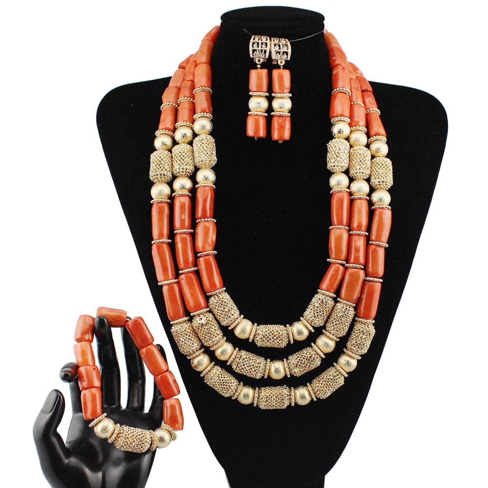 Fashion latest coral beads jewelry set / No ring / 12 Natural coral beads gold plated high quality fashion latest wedding  party gift bridal hot sale wholesale factory jewelry set