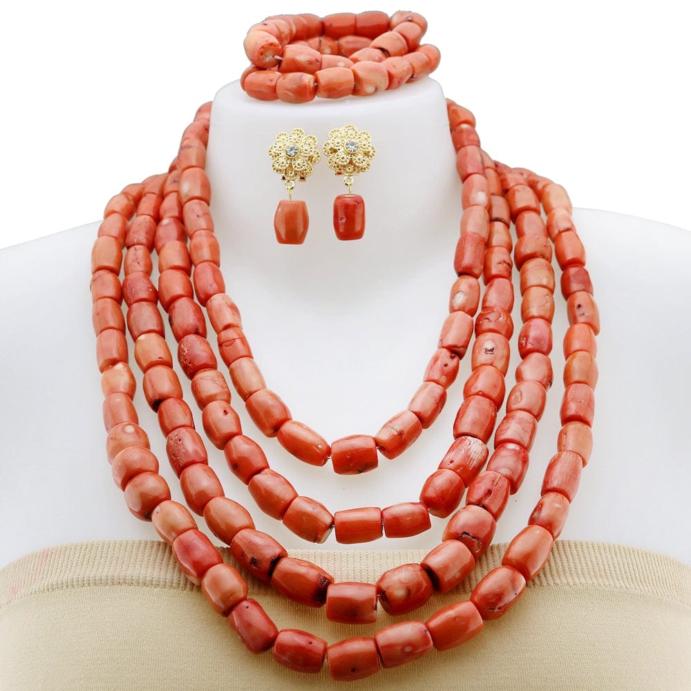 Fashion latest coral beads jewelry set / No ring / 15 Natural coral beads gold plated high quality fashion latest wedding  party gift bridal hot sale wholesale factory jewelry set