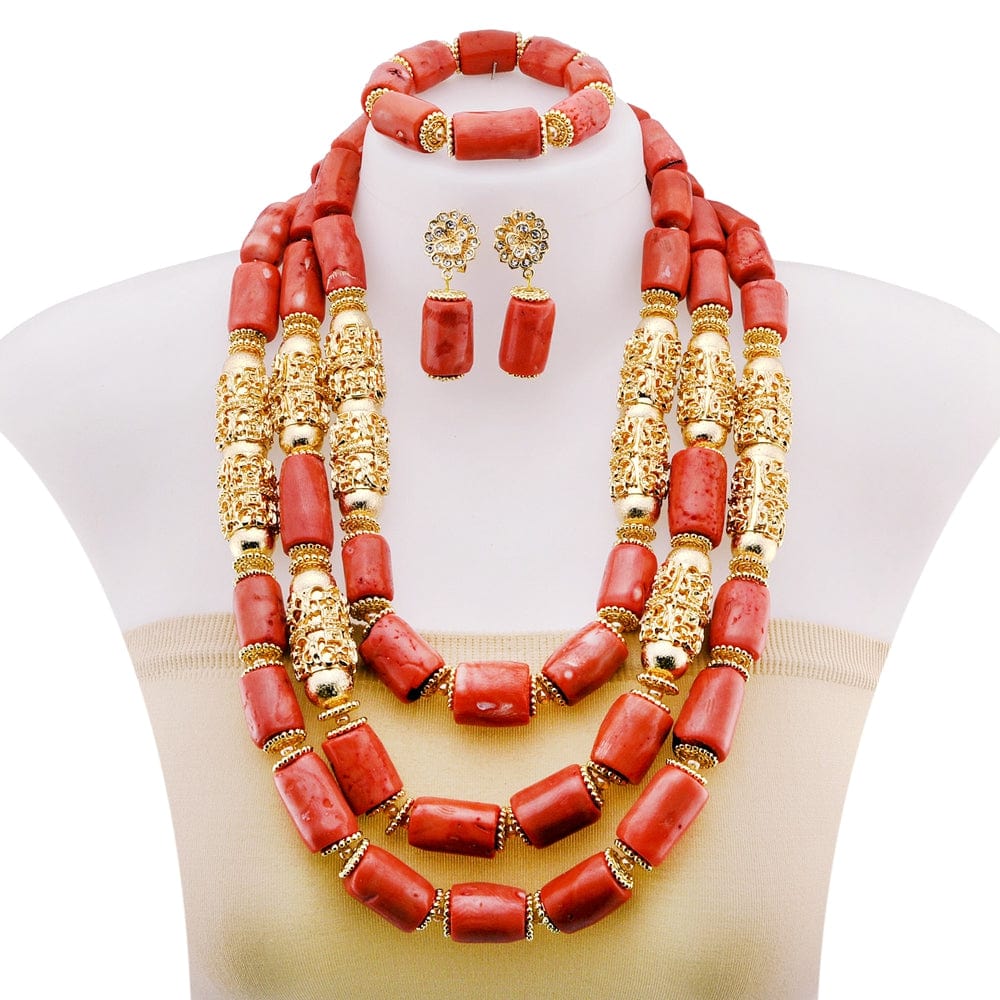 Fashion latest coral beads jewelry set / No ring / 20 Natural coral beads gold plated high quality fashion latest wedding  party gift bridal hot sale wholesale factory jewelry set