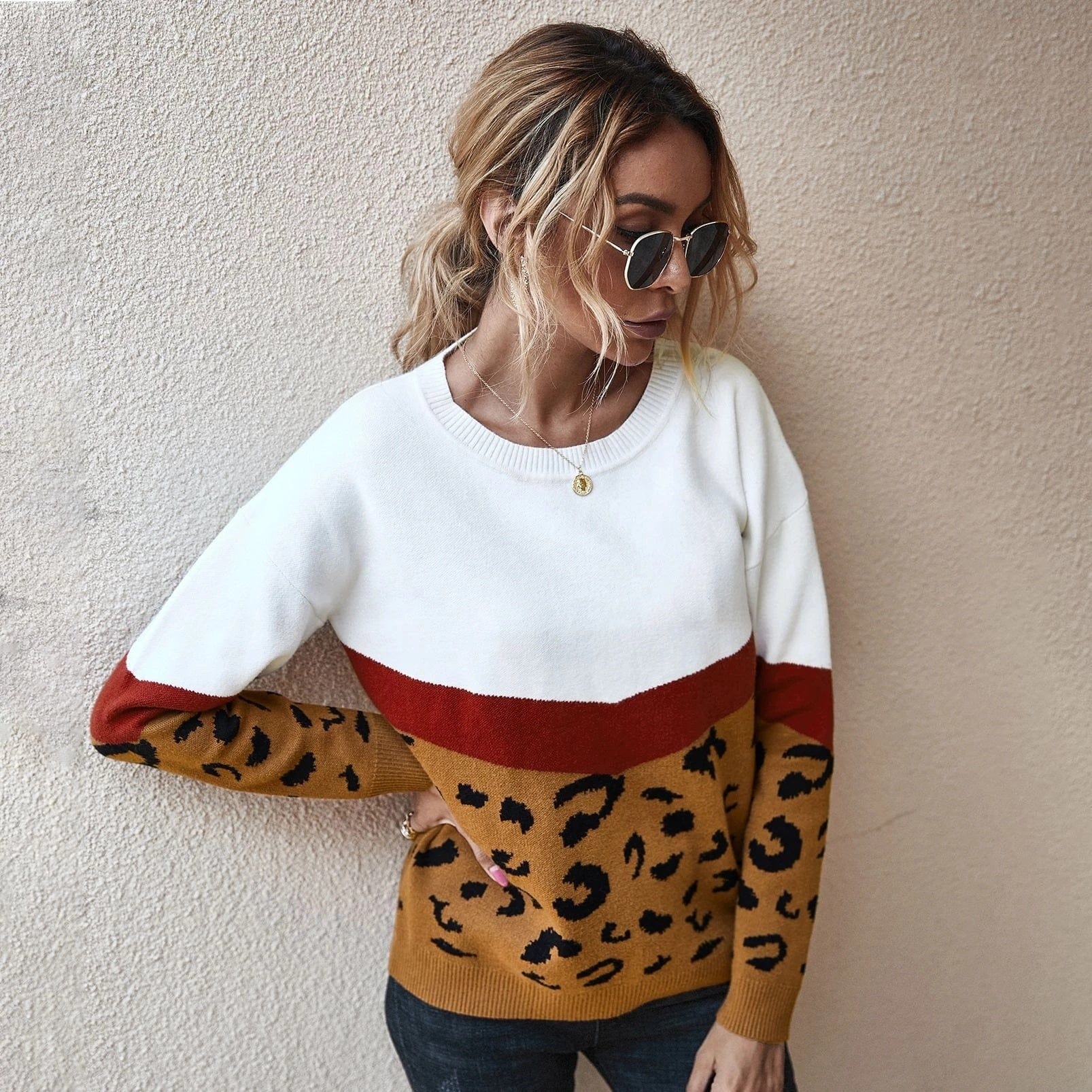 Fashion Leopard Patchwork Autumn Winter 2022 Ladies Knitted Sweater Women O-Neck Full Sleeve Jumper Pullovers Top Khaki Brown