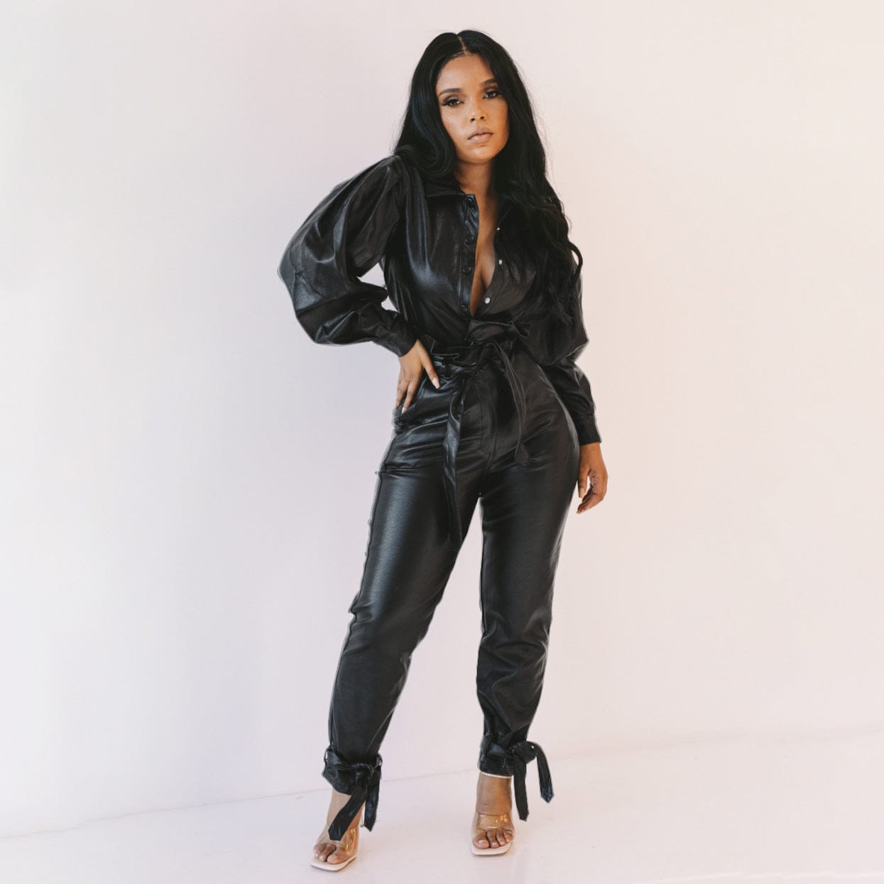 Fashion Long Sleeve Black Pu Two Piece Outfits