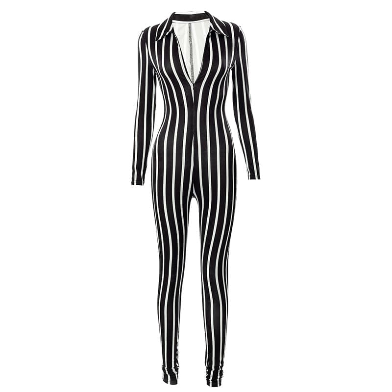 Fashion Long Sleeve Stripe Jumpsuit For Women Romper Skinny Contrast Zipper Bodycon One Piece Set