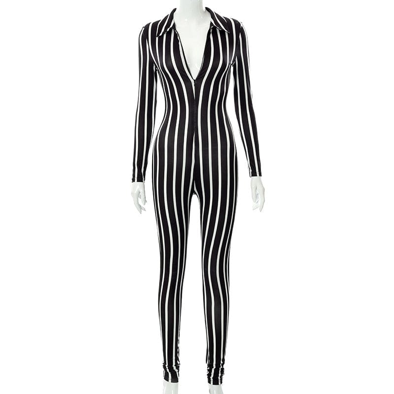 Fashion Long Sleeve Stripe Jumpsuit For Women Romper Skinny Contrast Zipper Bodycon One Piece Set