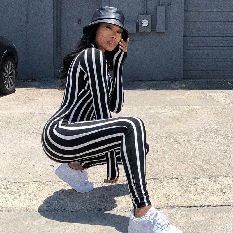 Fashion Long Sleeve Stripe Jumpsuit For Women Romper Skinny Contrast Zipper Bodycon One Piece Set
