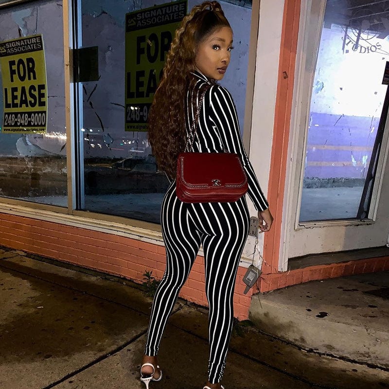 Fashion Long Sleeve Stripe Jumpsuit For Women Romper Skinny Contrast Zipper Bodycon One Piece Set