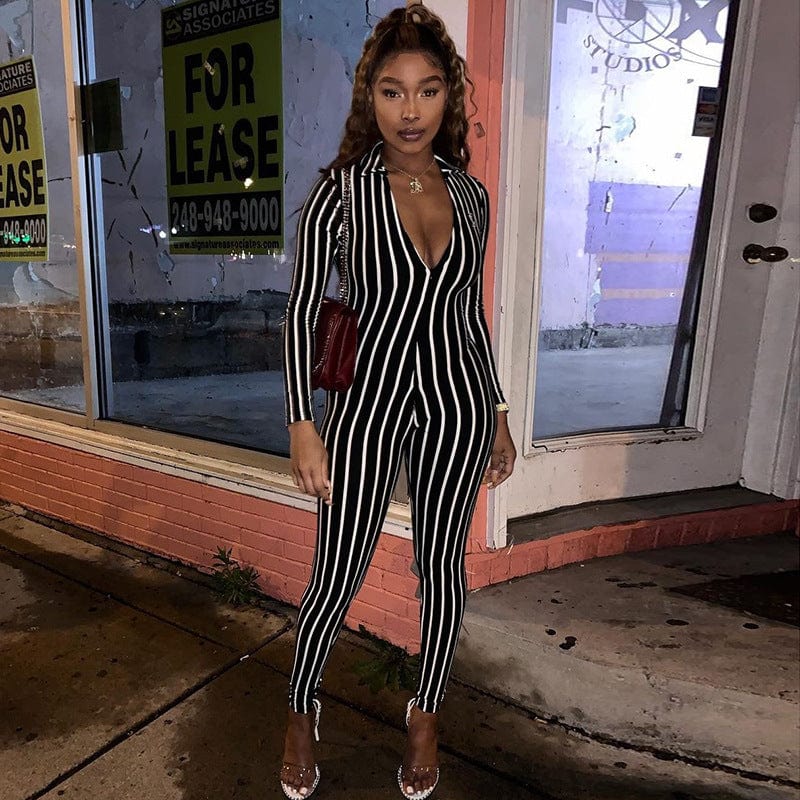 Fashion Long Sleeve Stripe Jumpsuit For Women Romper Skinny Contrast Zipper Bodycon One Piece Set