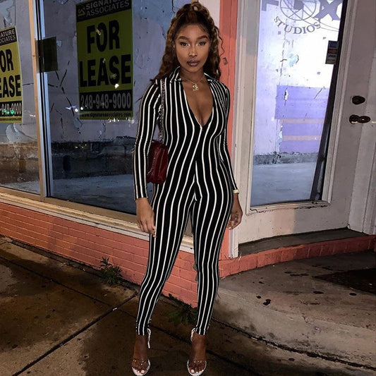 Fashion Long Sleeve Stripe Jumpsuit For Women Romper Skinny Contrast Zipper Bodycon One Piece Set