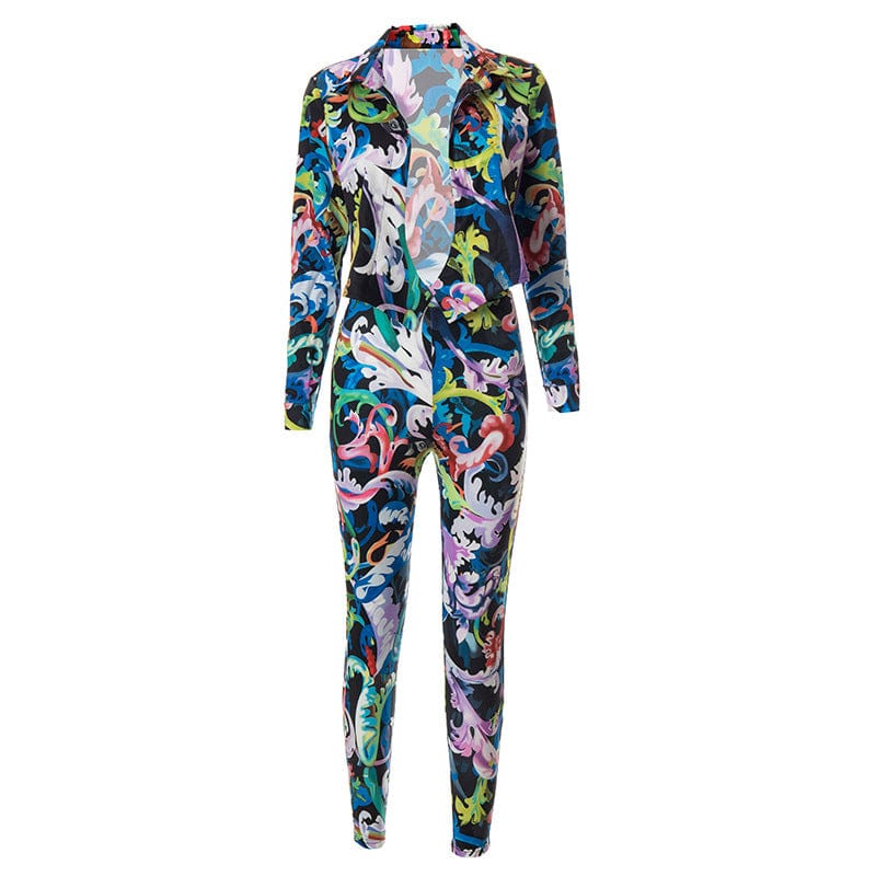 Fashion Long Sleeve T-shirt Mesh Tight Color printing Pants Casual Skinny Two Piece Pant Set Women