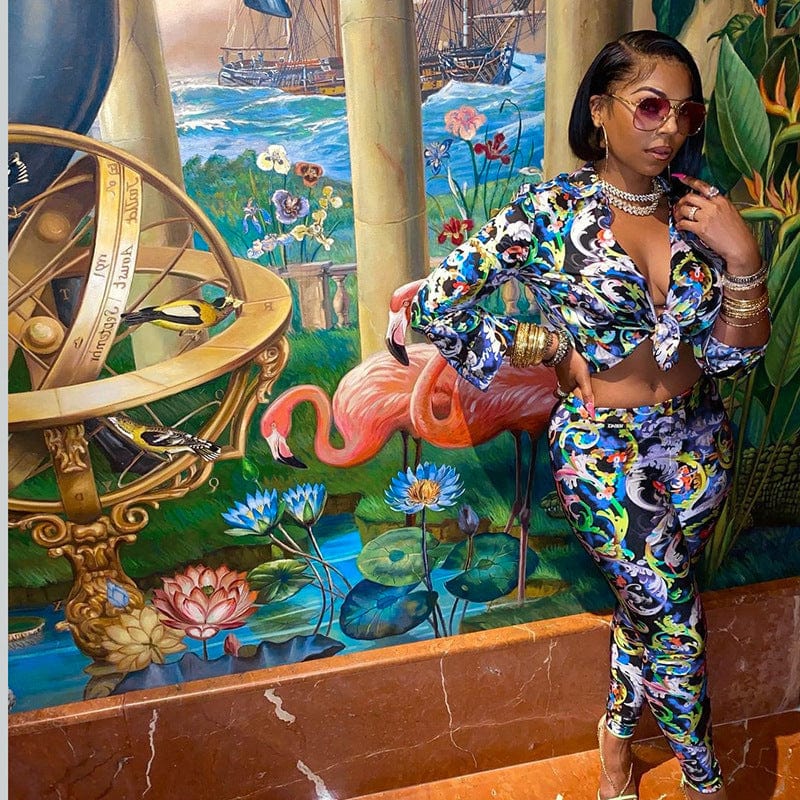 Fashion Long Sleeve T-shirt Mesh Tight Color printing Pants Casual Skinny Two Piece Pant Set Women