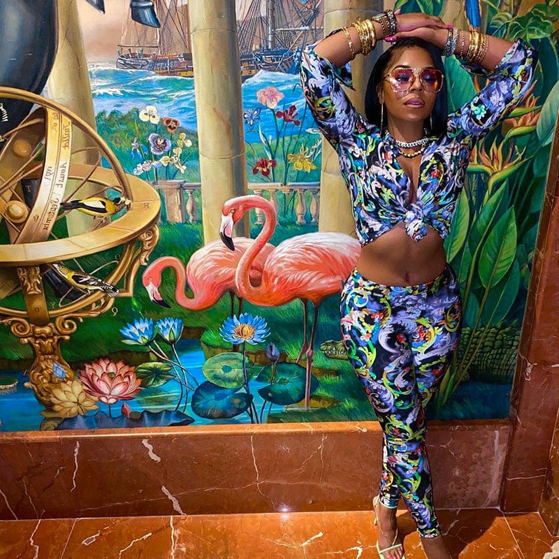 Fashion Long Sleeve T-shirt Mesh Tight Color printing Pants Casual Skinny Two Piece Pant Set Women