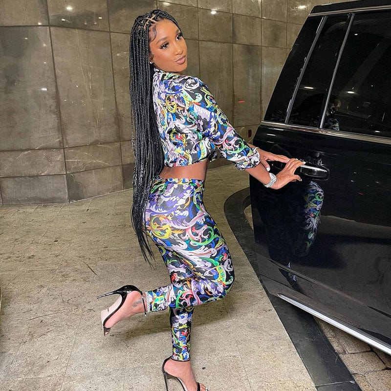 Fashion Long Sleeve T-shirt Mesh Tight Color printing Pants Casual Skinny Two Piece Pant Set Women