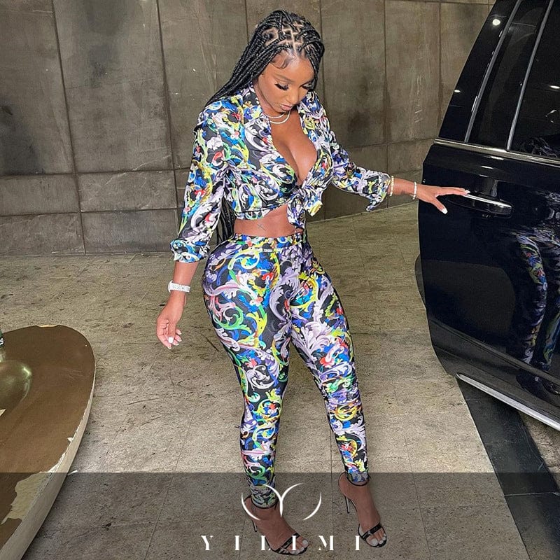 Fashion Long Sleeve T-shirt Mesh Tight Color printing Pants Casual Skinny Two Piece Pant Set Women