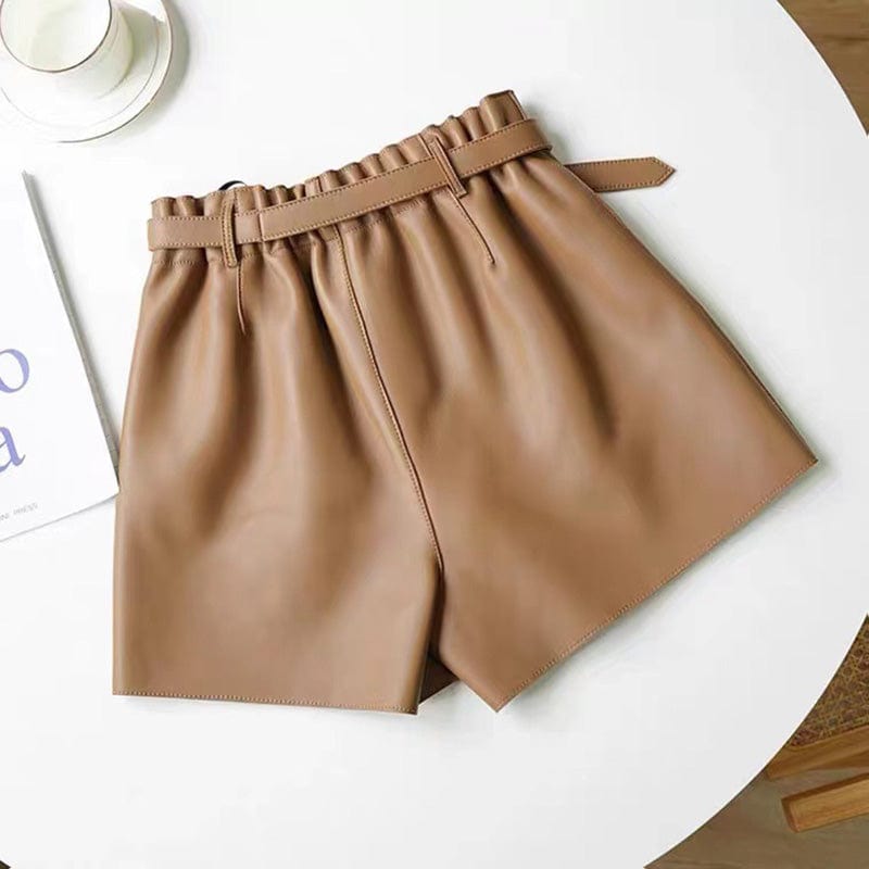 Fashion Loose Wide Leg Leather Shorts Women High Waist Genuine Leather Shorts