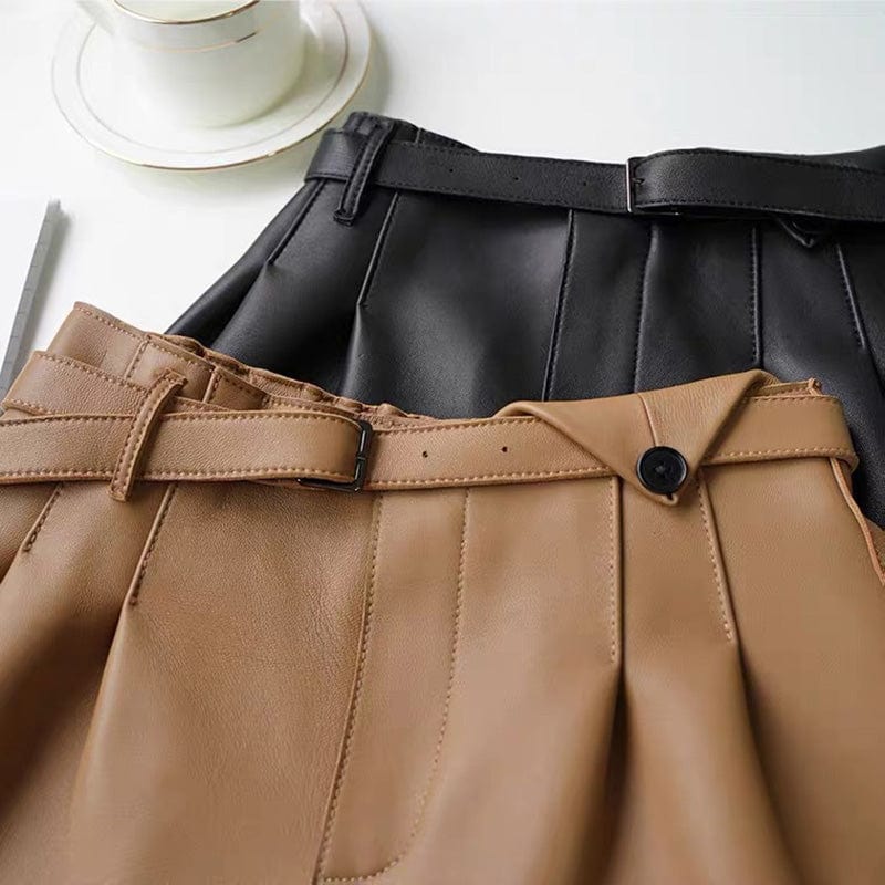 Fashion Loose Wide Leg Leather Shorts Women High Waist Genuine Leather Shorts