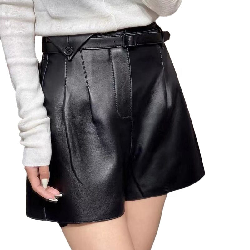 Fashion Loose Wide Leg Leather Shorts Women High Waist Genuine Leather Shorts