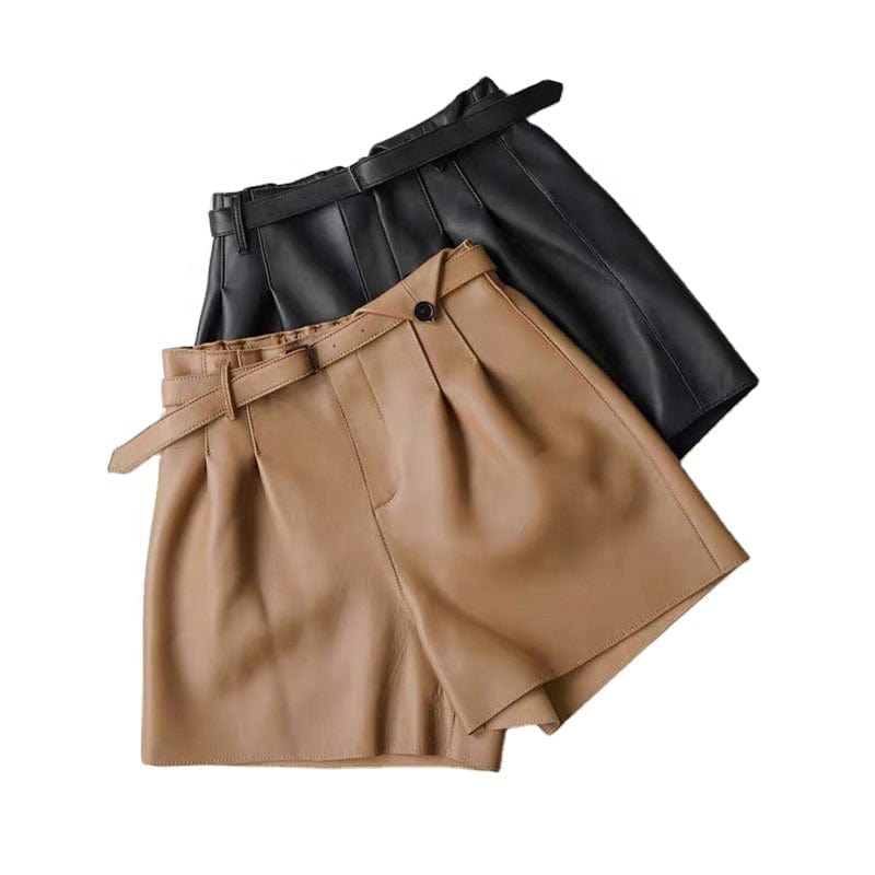 Fashion Loose Wide Leg Leather Shorts Women High Waist Genuine Leather Shorts