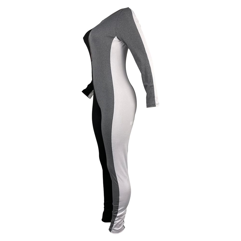 Fashion New Design Fashion Zipper Color Contrast Long Sleeve Jumpsuit