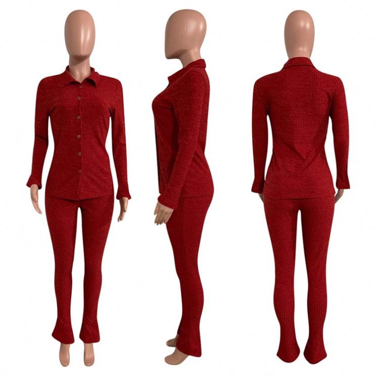 Fashion New Solid Color Long Sleeve Rib Winter 2 Piece Sets For Women Two Piece Pants Set Women