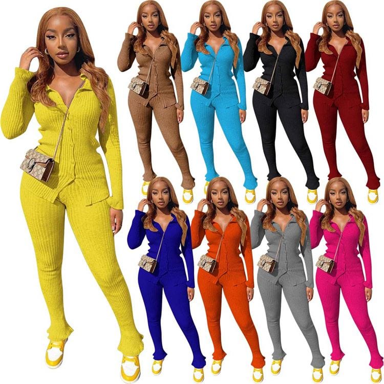 Fashion New Solid Color Long Sleeve Rib Winter 2 Piece Sets For Women Two Piece Pants Set Women