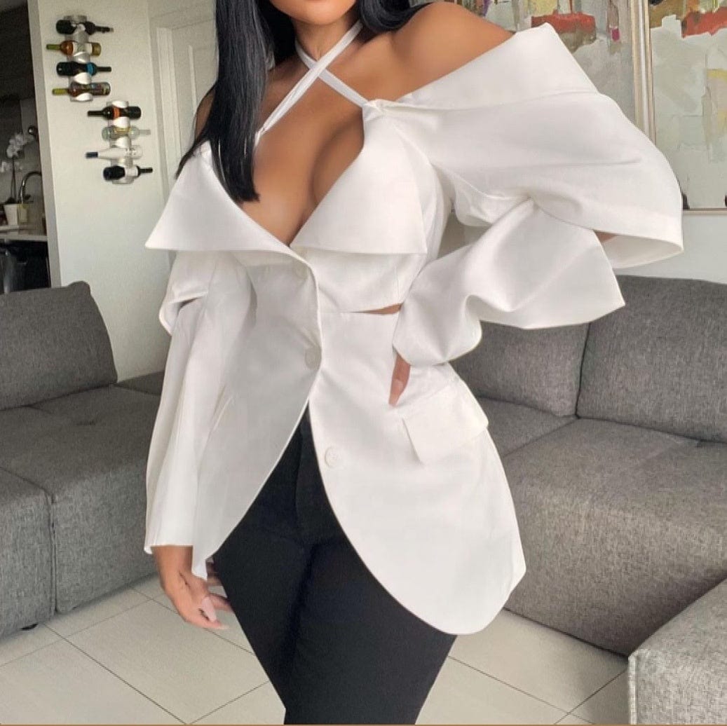 Fashion New Vintage Unique Blazers Ladies Women Off The Shoulder Hollow Out Long Sleeve V-Neck Suit Fall Autumn  Women Clothes