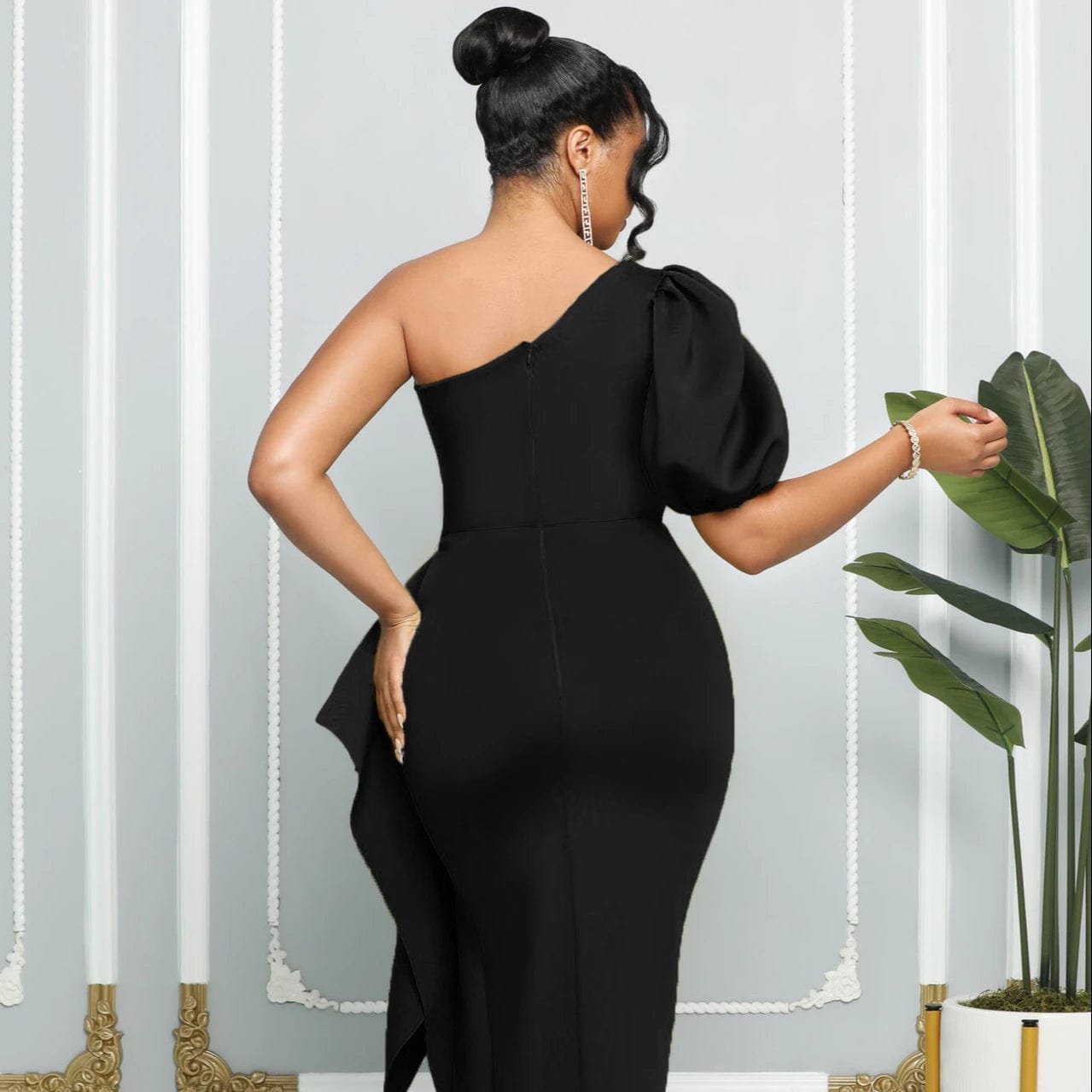 Fashion  One Shoulder  Bubble  Sleeve Slim-Fit  Women's Dress