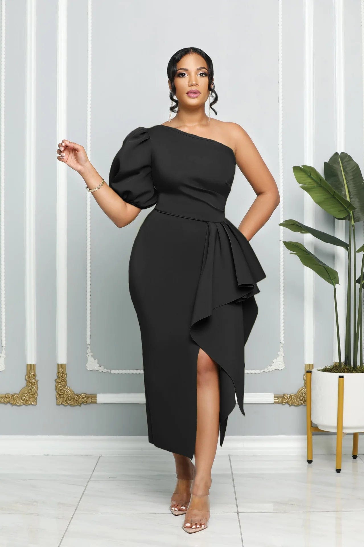 Fashion  One Shoulder  Bubble  Sleeve Slim-Fit  Women's Dress