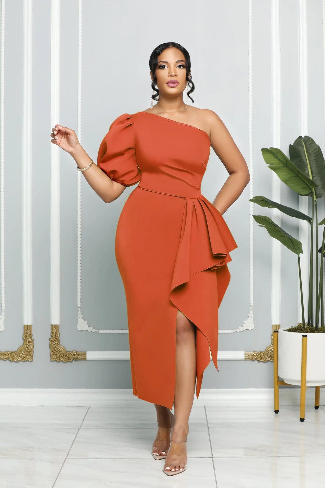Fashion  One Shoulder  Bubble  Sleeve Slim-Fit  Women's Dress