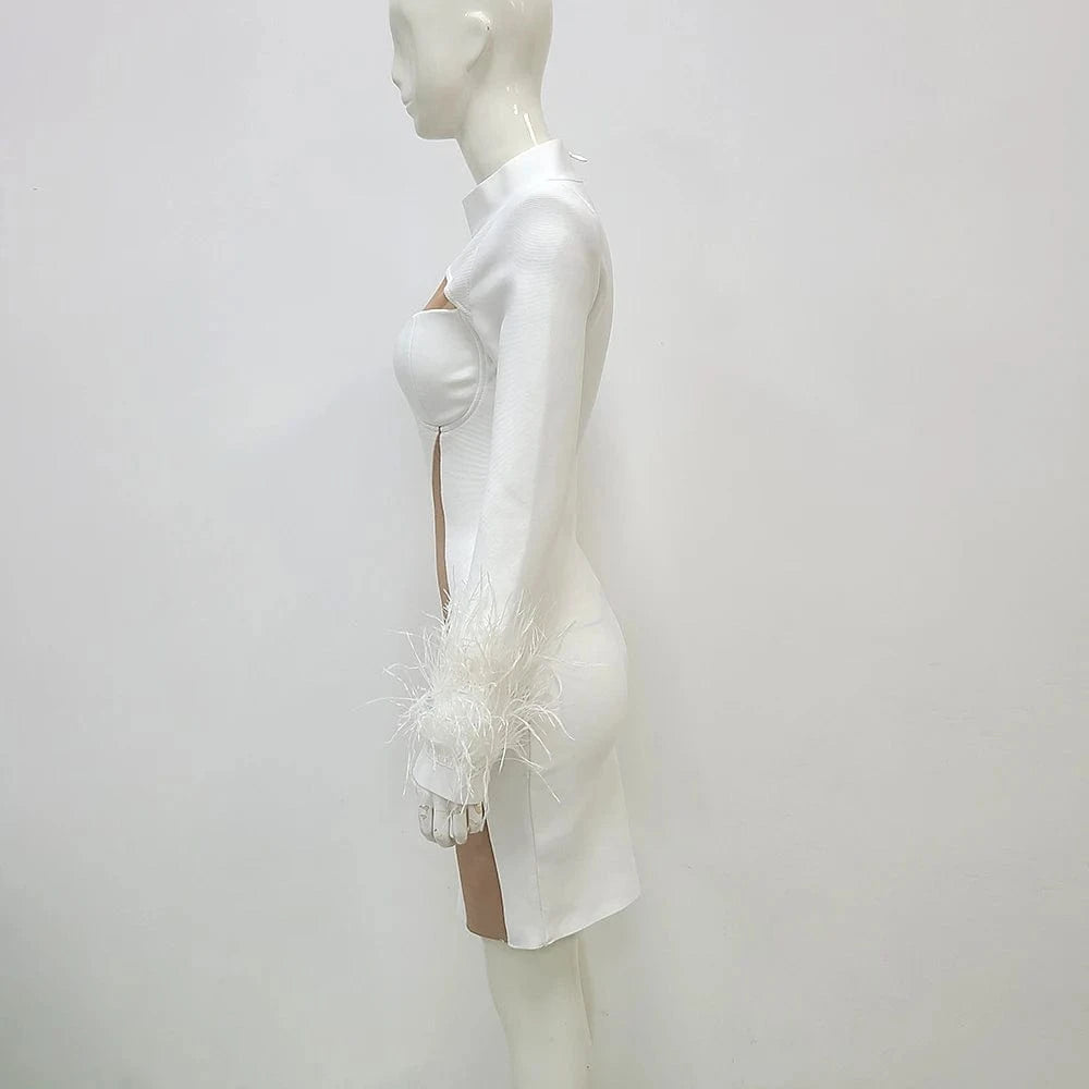 Fashion Party Clothing Celebrity Elegant Long Sleeve Evening White Feathers Women Party Dress