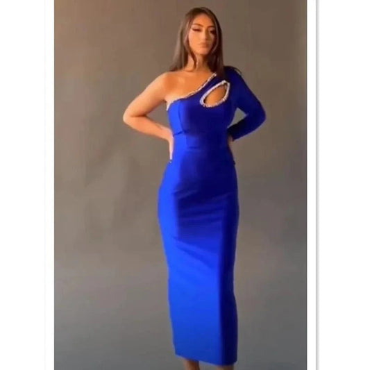 Fashion Party Clothing Celebrity Elegant One Sleeve Beading Sexy Bodycon Evening Party Dress