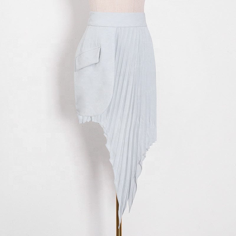 Fashion plain elegant bandage crop top blazer and irregular pleated skirt 2 two piece sets casual blazer set for women