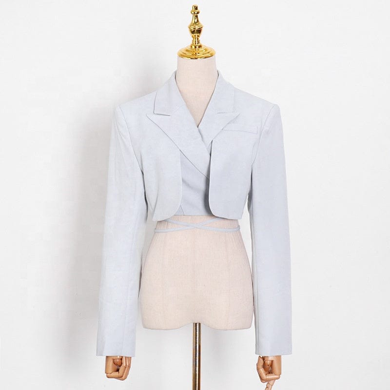 Fashion plain elegant bandage crop top blazer and irregular pleated skirt 2 two piece sets casual blazer set for women