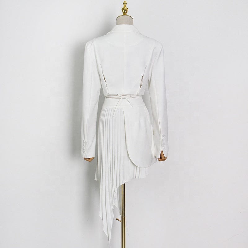 Fashion plain elegant bandage crop top blazer and irregular pleated skirt 2 two piece sets casual blazer set for women